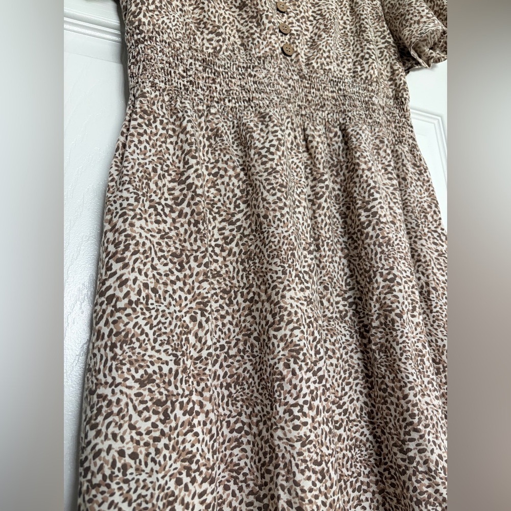 Boho,Smocked,Midi, Small, Cottage-core Leopard print, neutral, Dress - Picture 4 of 6